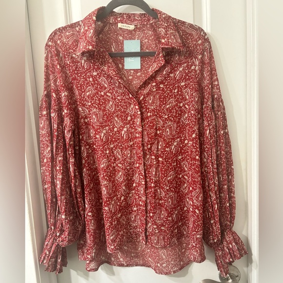 NWT! JODIFIL Paisley Print Buttoned Front Pleated Balloon Sleeve Chiffon Blouse - Picture 1 of 12